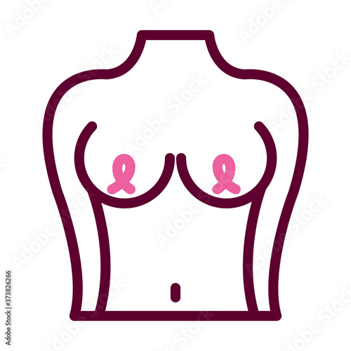 breast cancer concept, female body showing the breast with awareness ribbons on the nipples, half color half line style