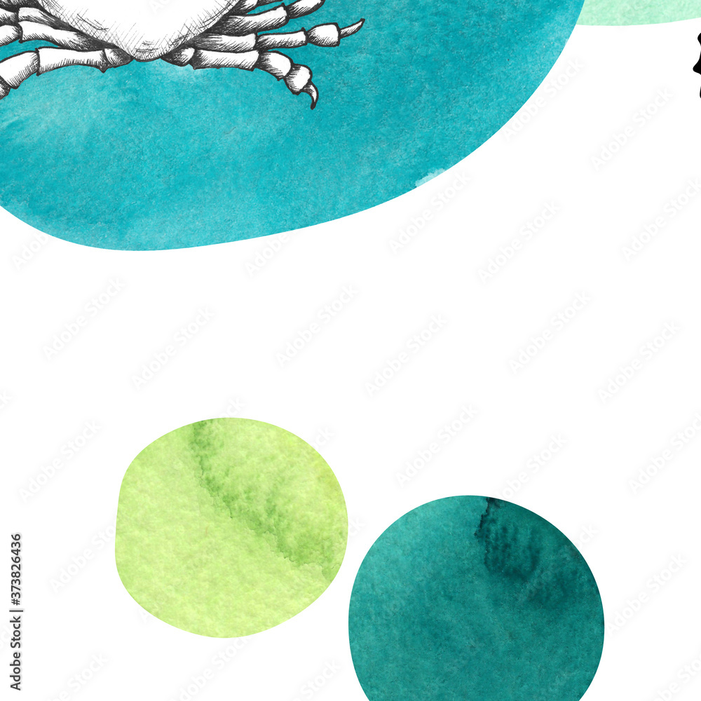 Marine Line Abstract Art social media template with abstract watercolor shapes, splashes, textures, sea monochrome animals 