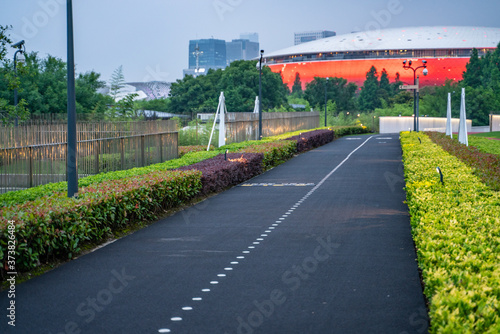 A lane specific for bicycles in Expo Park, along the Huangpu River, in Shanghai. © Zimu