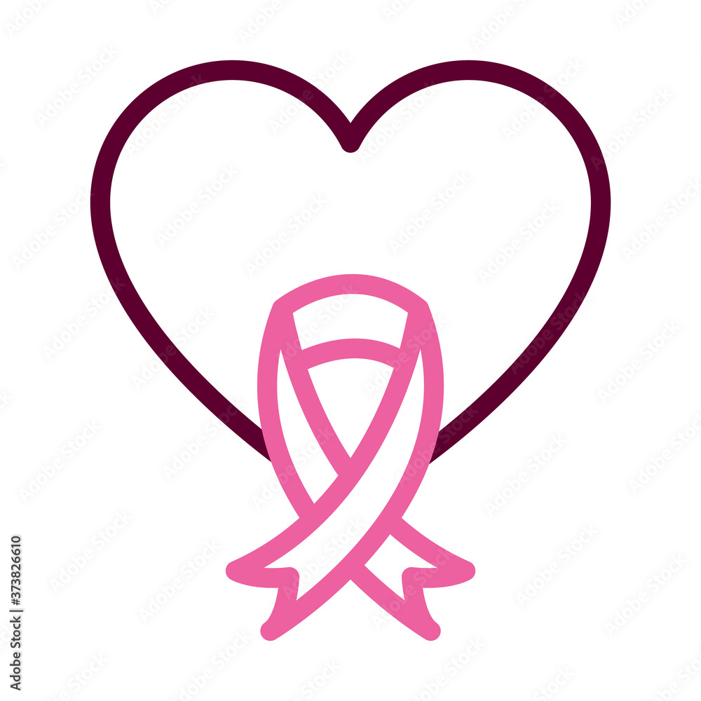 heart with breast cancer ribbon icon, half line half color style heart with breast cancer ribbon icon, half line half color style