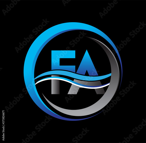 initial letter logo FA company name blue and grey color on circle and swoosh design. vector logotype for business and company identity.