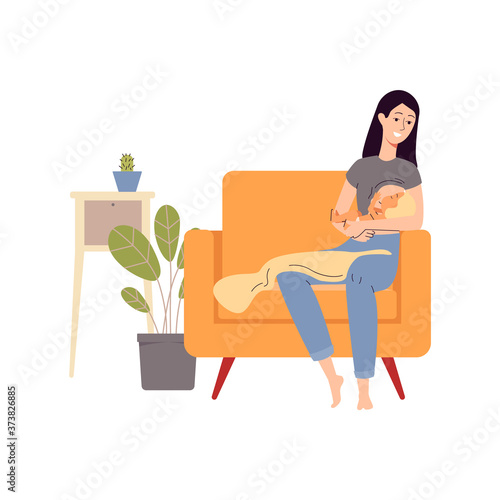 Cartoon woman breastfeeding her baby sitting in big chair in cozy room