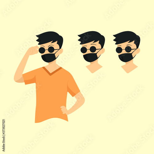 man wearing sunglasses with some expressions while wearing a mask