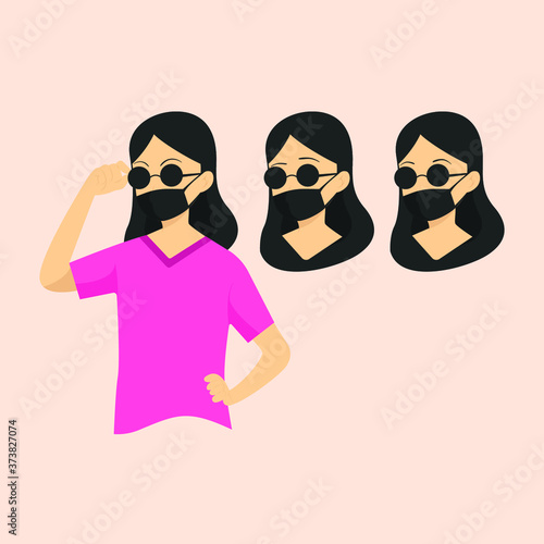 woman wearing sunglasses with several expressions while wearing a mask