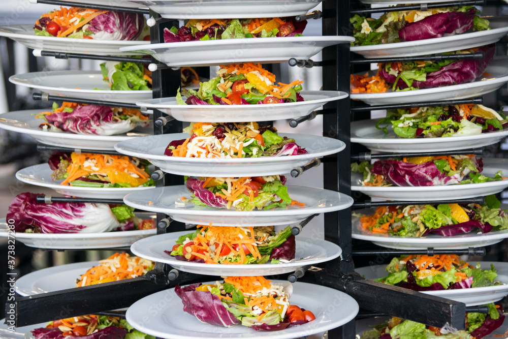 Group of salads served for mass event in Latin America, organic and very expensive food in Latin America.