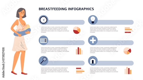 Breastfeeding infographics poster template with cartoon woman nursing her baby.
