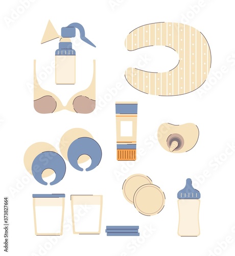 Breastfeeding equipment set - milk bottle, breast pump, nipple pads, etc.
