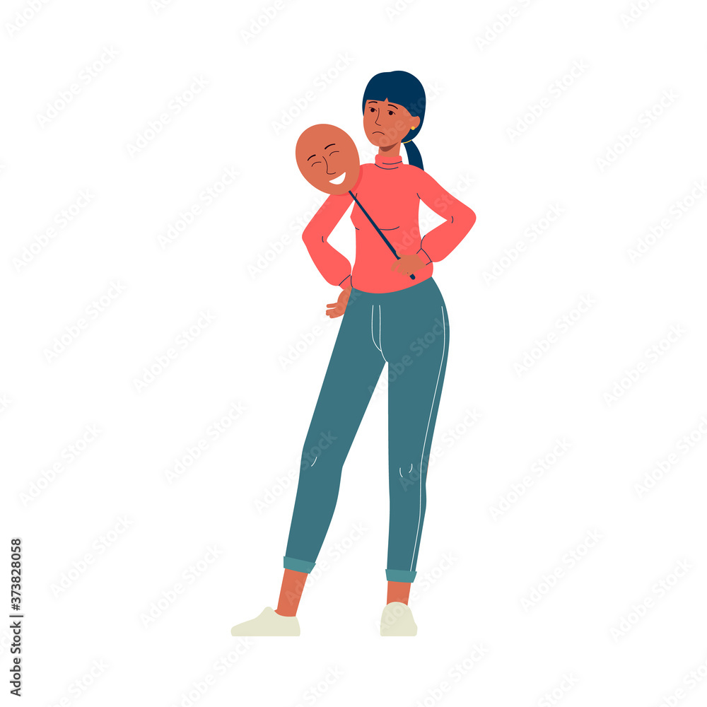Unhappy woman with smiling mask in hand, flat vector illustration isolated.