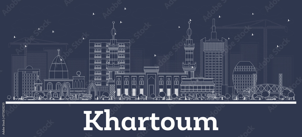 Outline Khartoum Sudan City Skyline with White Buildings.