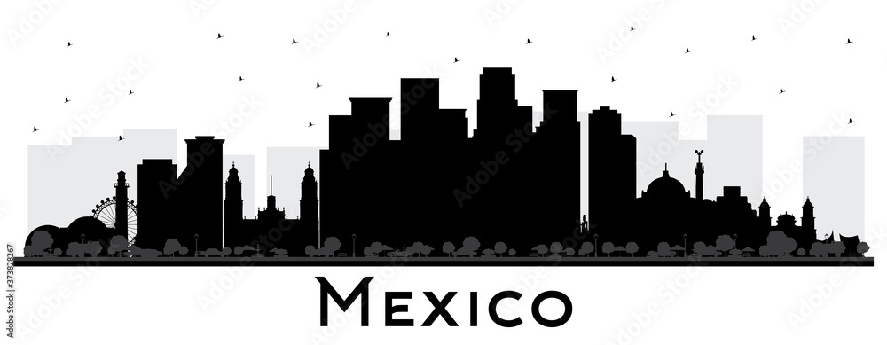Mexico Skyline Silhouette with Black Buildings Isolated on White.