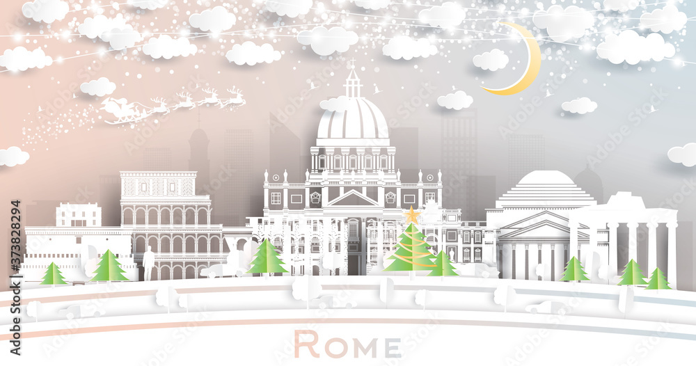 Rome Italy City Skyline in Paper Cut Style with Snowflakes, Moon and Neon Garland.