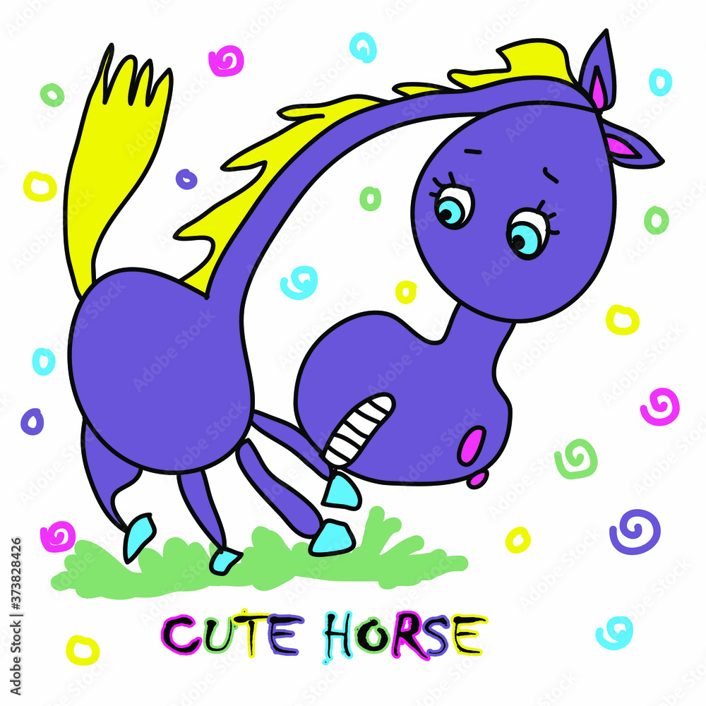 Fototapeta premium Vector illustration of a cartoon horse. Cheerful color picture on a white background. Children's abstract drawing of a cute horse.
