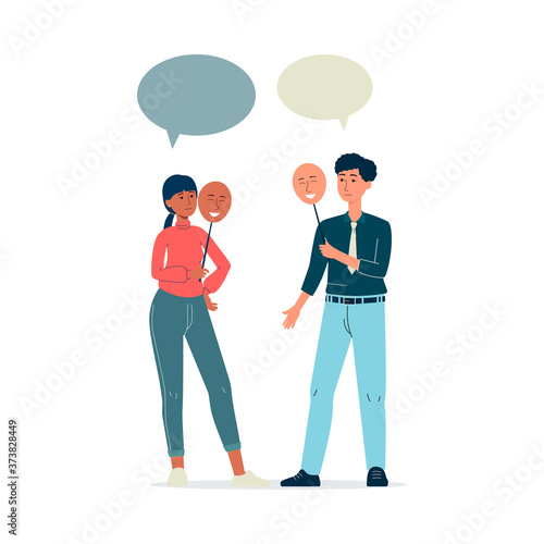 Sad man and woman holding emotion masks with smiling face
