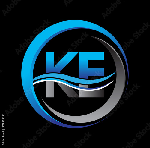 initial letter logo KE company name blue and grey color on circle and swoosh design. vector logotype for business and company identity. photo