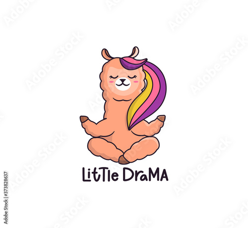 The cute little drama with rainbow. Cartoonish llama sitting in lotus position
