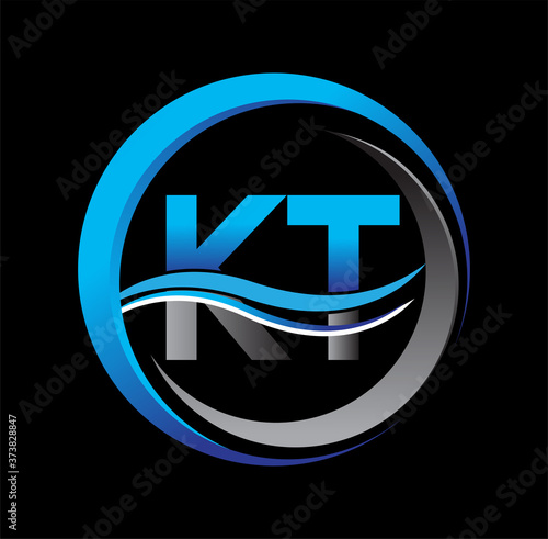 initial letter logo KT company name blue and grey color on circle and swoosh design. vector logotype for business and company identity.