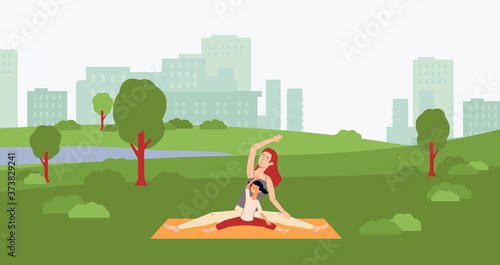 Postpartum postnatal yoga banner with woman and baby flat vector illustration.