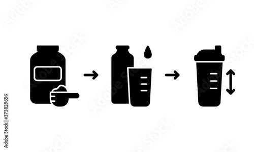 Silhouette Instruction for making protein whey shake. Steps to get finished cocktail from dry powder. Outline ipackaging design icon. Flat isolated vector illustration for sports food for bodybuilding