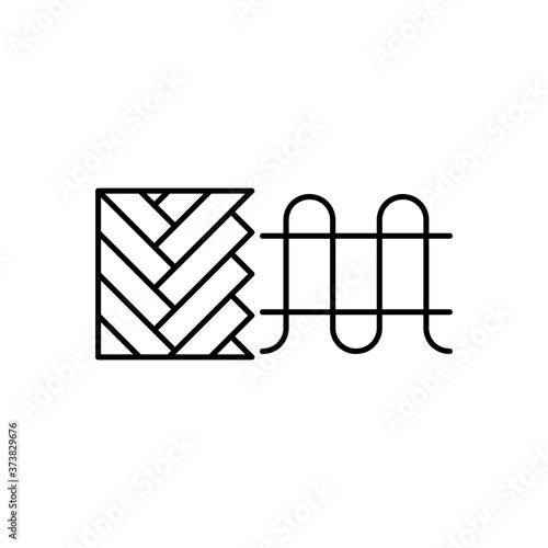 Radiant Floor Heating. Part of parquet and cable. Repair equipment emblem. Black illustration of in-floor warming system. Contour isolated vector icon on white background