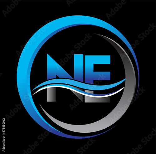 initial letter logo NE company name blue and grey color on circle and swoosh design. vector logotype for business and company identity.