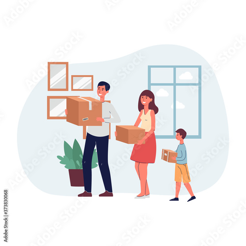 Cartoon family moving into new home - parents and son holding cardboard boxes