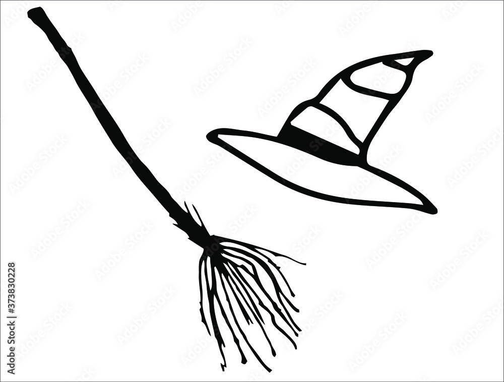 witch hat and broom drawing