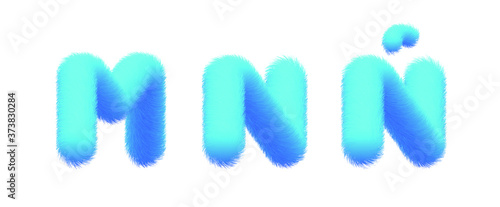 Set of High Quality 3D Shaggy Letter M N Ñ on White Background . Isolated Vector Element