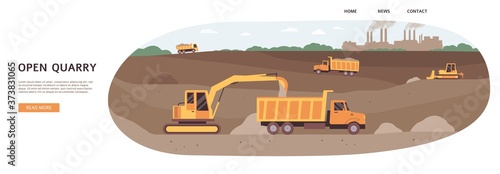 Open quarry banner - industrial machinery in sand canyon.