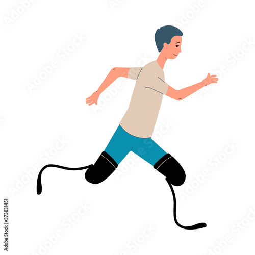 Running disabled man with legs prosthesis flat vector illustration isolated.