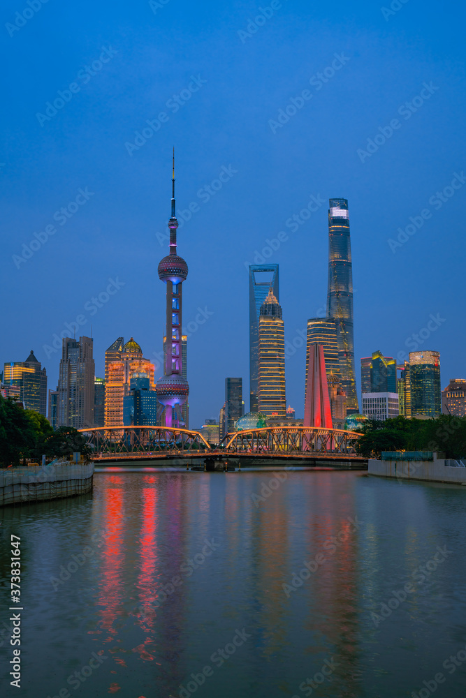 The night view of Lujiazui, the financial district in Shanghai, China.