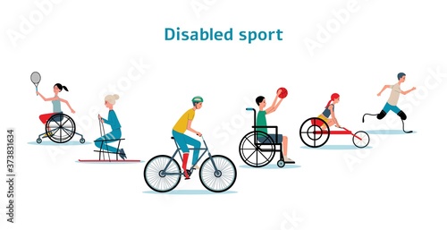Disabled athletes sport activity - flat cartoon vector illustration isolated.