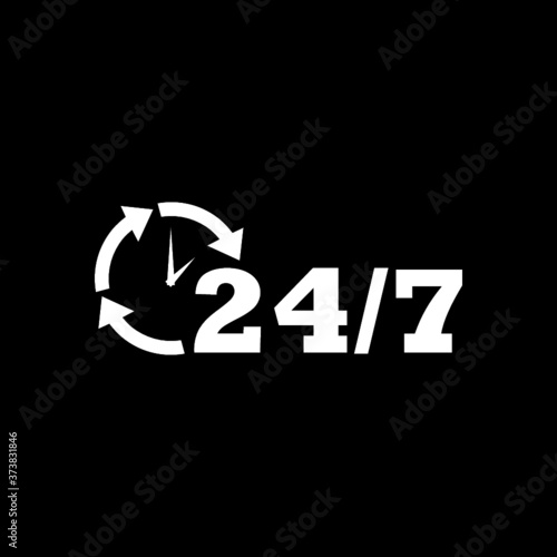 24 7 hour service. Everyday open store icon isolated on dark background