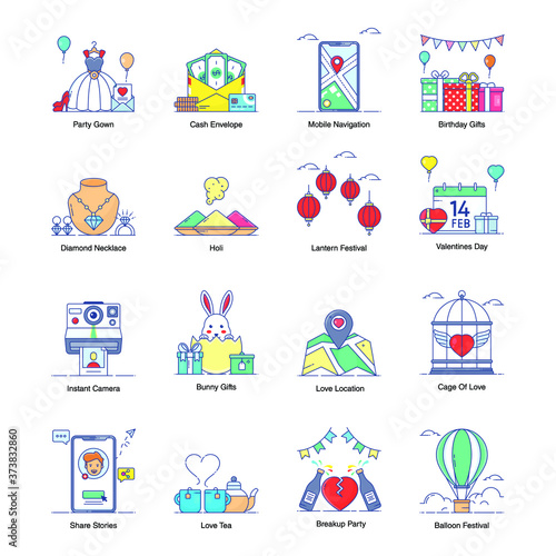  Party and Fun Flat Icons Set 