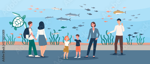 Family trip to big fish aquarium - cartoon couple with children