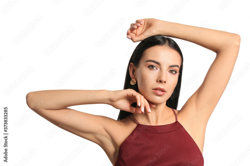 Young woman with beautiful eyeshadows on white background Young woman with beautiful eyeshadows on white background