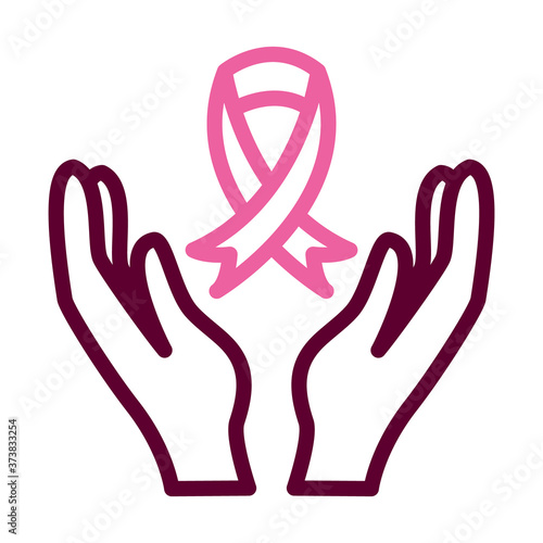 hands with breast cancer ribbon icon, half color half line style