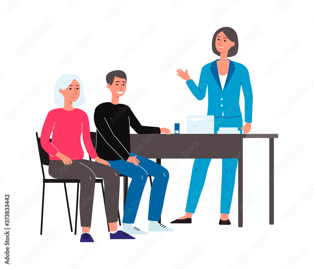 Obraz premium People in consultation with notary public flat vector illustration isolated.