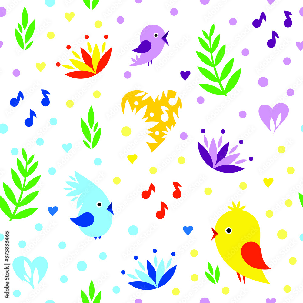 Obraz premium Seamless vector pattern color birds, notes and flowers