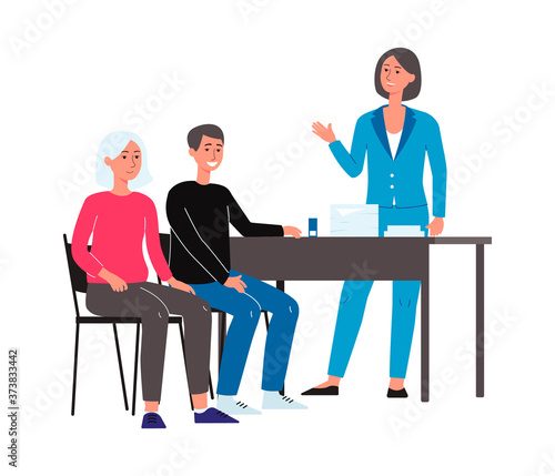 People in consultation with notary public flat vector illustration isolated.