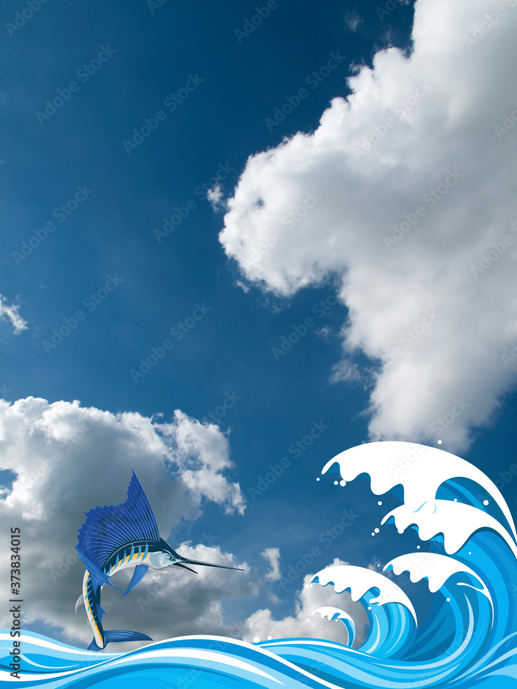 Blue marlin fish leaping out of the water over high ocean waves set against a cloudy blue sky