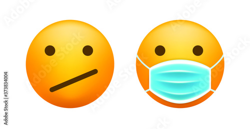 Realistic Cute Emoticon with Face Mask on White Background . Isolated Vector Illustration 