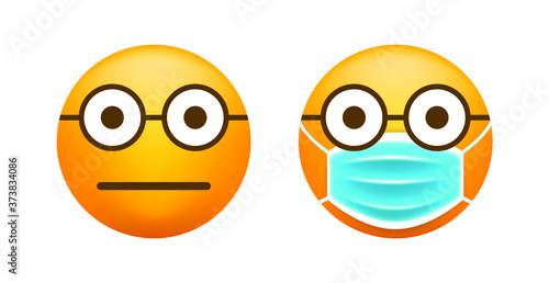 Realistic Cute Emoticon with Face Mask on White Background . Isolated Vector Illustration 