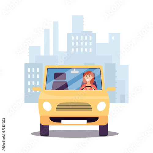 Cartoon woman driving away from city in yellow car isolated on white background.