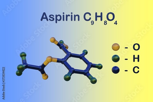 Structural chemical formula and molecular model of aspirin or acetylsalicylic acid, an effective treatment for pain and headaches. Scientific background. 3d illustration photo