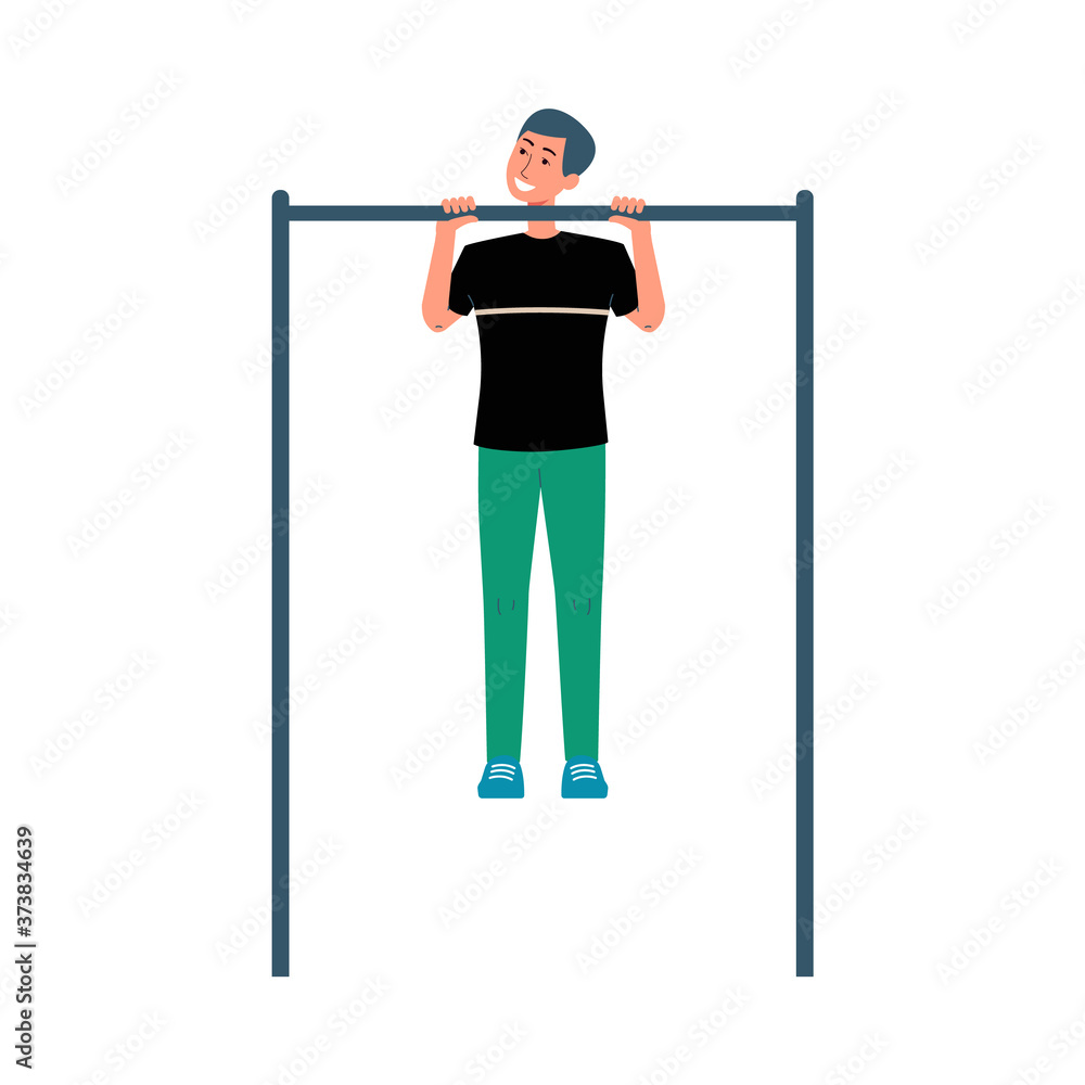 Cartoon man doing pull up on horizontal bar - sport lover doing fitness exercise