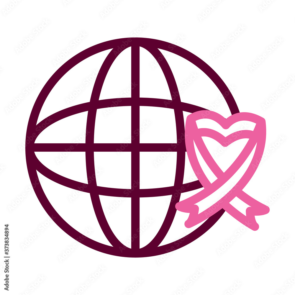 global sphere with breast cancer ribbon icon, half line half color style global sphere with breast cancer ribbon icon, half line half color style