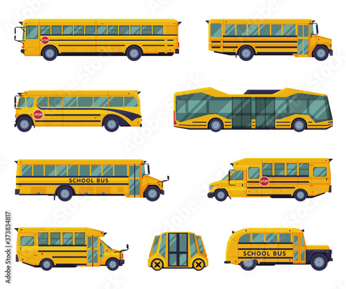 Yellow School Buses Set, Back to School Concept, Students Transportation Vehicles, Side View Flat Style Vector Illustration