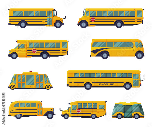Yellow School Buses Set, Students Transportation Modern and Vintage Vehicles Flat Vector Illustration Isolated on White Background