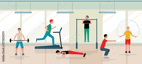 Men doing exercises and training in the gym - flat vector illustration.