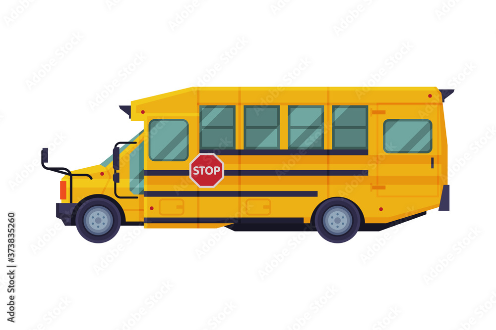 Yellow School Bus, Side View, Back to School Concept, Retro Transportation Vehicle Flat Style Vector Illustration